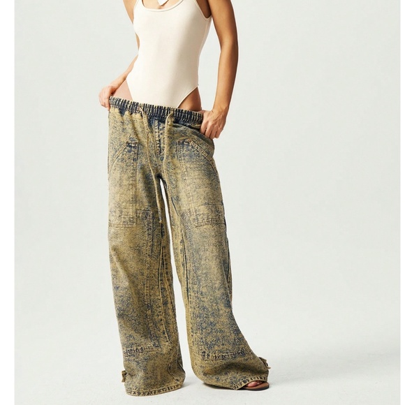 Mineral Wash Stretchy Waist Wide leg Denim Jeans - Picture 4 of 7